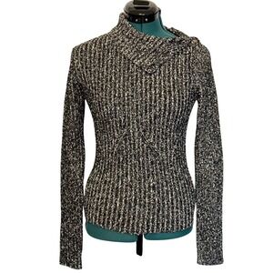 St. John Black White Knit Funnel Neck Sweater Gold Button Shoulder Wool Blend